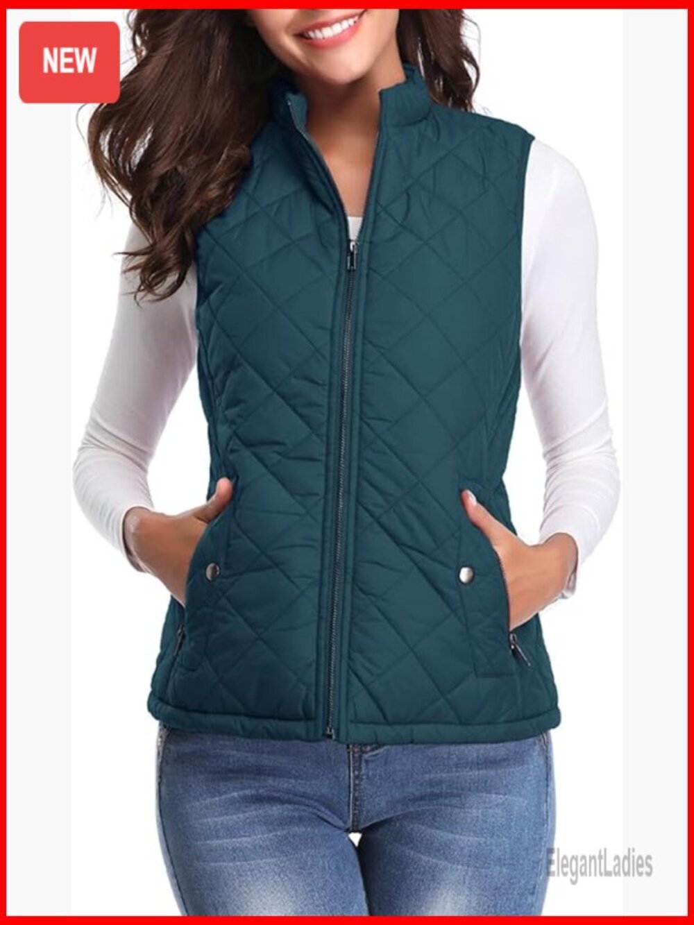 Lightweight Quilted Puffer Vest with 4 Pockets, Stand Collar, Zip Closure